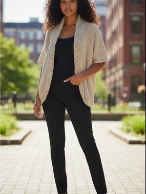 Express Women's Cream Open-Front Ribbed Shawl Cardigan